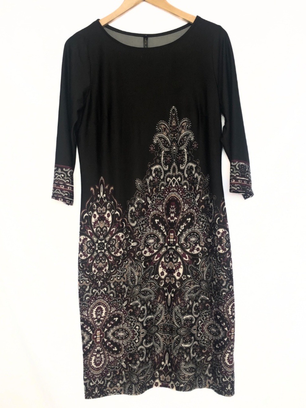 Lori M Collection Paisley Dress Medium Black Plum 3/4 Sleeve Made in Canada